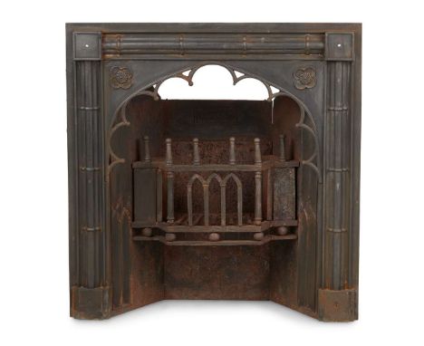  GEORGE IV GOTHIC REVIVAL REGISTER GRATE, BY J. EVANS, LONDON EARLY 19TH CENTURY the arched insert with pierced tracery withi