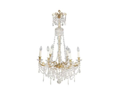  GEORGIAN STYLE GILT METAL AND GLASS SIX LIGHT CHANDELIER EARLY 20TH CENTURY the scrolled corona hung with drops and swags ab