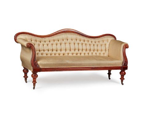  EARLY VICTORIAN WALNUT FRAMED SOFA MID 19TH CENTURY the button-upholstered back with a serpentine back rail over a fixed cus