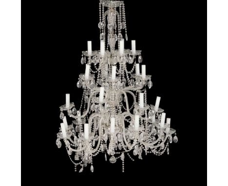  REGENCY STYLE THIRTY LIGHT CUT GLASS CHANDELIER MODERN with four tiers of scrolling candle arms with deep cut drip pans and 