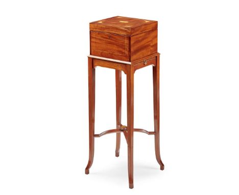  EDWARDIAN MAHOGANY INLAID TOILET CASE-ON-STAND, RETAILED BY WEIR & SONS, DUBLIN EARLY 20TH CENTURY the hinged cover with inl