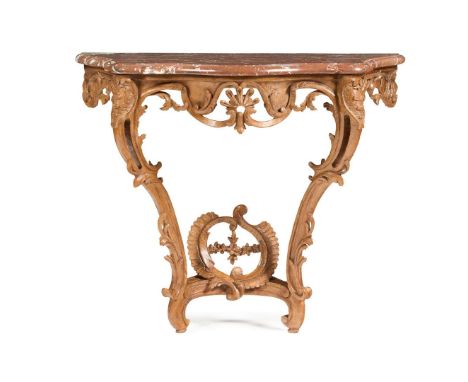  LOUIS XV CARVED OAK MARBLE TOPPED CONSOLE TABLE 18TH CENTURY the serpentine veined rouge marble top above a carved openwork 