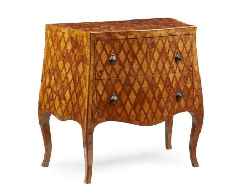  MALTESE WALNUT AND OLIVE WOOD PARQUETRY COMMODE 18TH CENTURY of serpentine outline, with all-over diaper pattern parquetry o