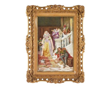  PAINTED PORCELAIN PLAQUE, AFTER DAVID (DALHOFF) NEAL LATE 19TH CENTURY depicting ‘The First Meeting of Mary Stuart and Rizzi
