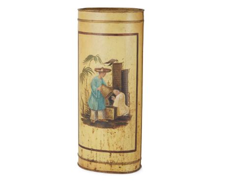  VICTORIAN PONTYPOOL CHINOISERIE STICK STAND 19TH CENTURY of oval cylindrical form decorated with figural scenes of tea leaf 