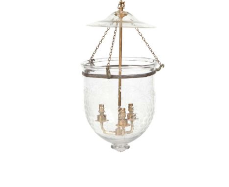  ETCHED GLASS 'HUNDI' LANTERN 20TH CENTURY of cloche form with etched scrolling decoration and knop finial and smoke cover su