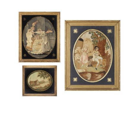  THREE GEORGIAN SILK NEEDLEWORK PICTURES LATE 18TH CENTURY all oval and worked in silk with various stitches on silk grounds,