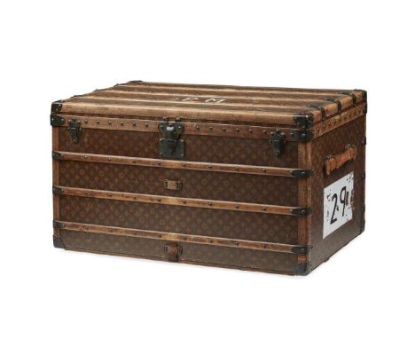  LOUIS VUITTON STEAMER TRUNK CIRCA 1920s monogramed canvas exterior, with stamped leather handles, brass lock and catches, br