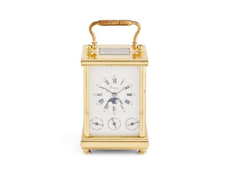  FRENCH GILT BRASS CALENDAR ALARM CARRIAGE CLOCK, RETAILED BY ASPREY 20TH CENTURY the white enamel dial with Roman numerals w