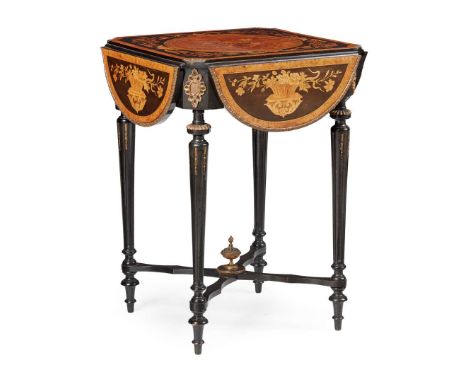  VICTORIAN BURR YEW, WALNUT, EBONISED AND FRUITWOOD MARQUETRY OCCASIONAL TABLE 19TH CENTURY the shaped square top with drop l