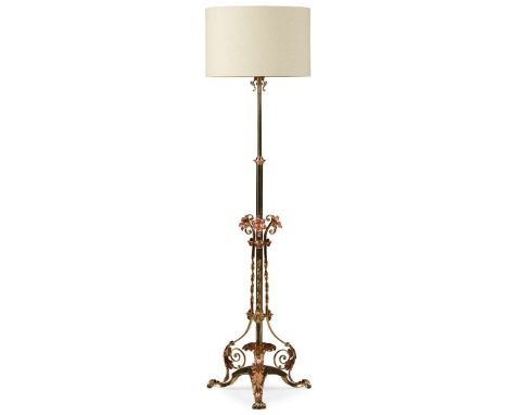  ENGLISH AESTHETIC PERIOD BRASS AND COPPER STANDARD LAMP LATE 19TH CENTURY the telescopic shaft ornamented with lilies and le