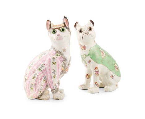  TWO FAIENCE CAT AND DOG FIGURES, ATTRIBUTED TO ÉMILE GALLÉ (FRENCH 1846-1904) LATE 19TH/ EARLY 20TH CENTURY modelled with gl