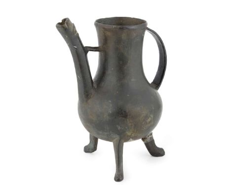  LATE MEDIEVAL COPPER ALLOY LAVER 14TH CENTURY the ovoid body with a ribbon handle and a bridge spout with slight moulding at
