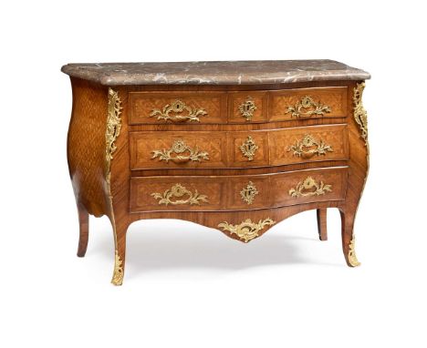  LOUIS XV KINGWOOD, TULIPWOOD AND PARQUETRY MARBLE TOPPED COMMODE MID 18TH CENTURY the serpentine veined grey marble top with