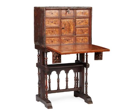  SOUTH GERMAN FRUITWOOD, MARQUETRY AND LEATHER TABLE CABINET-ON-STAND AUGSBURG / ULM, LATE 16TH / 17TH CENTURY; THE STAND 19T