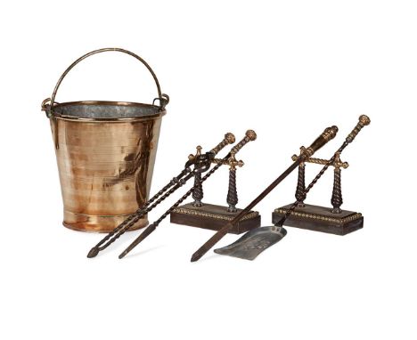  GROUP OF GEORGIAN STEEL AND BRASS FIREPACE FURNITURE 18TH AND EARLY 19TH CENTURY comprising a set three brass and steel fire