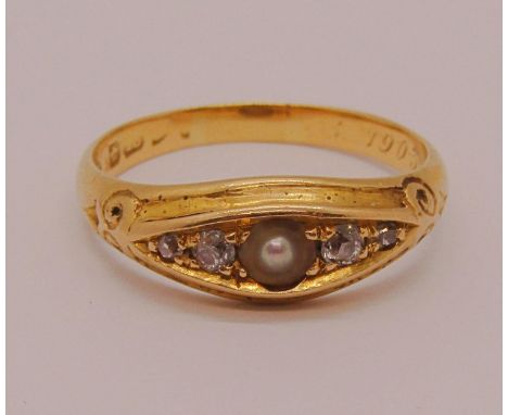 Antique 18ct pearl and diamond gypsy ring, maker 'JH', inscribed '1903', size N/O, 3.3g 