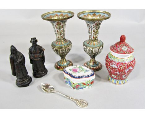 A Chinese baluster pot and cover, a pair of enamel trumpet shaped vases and two resin figures, etc 