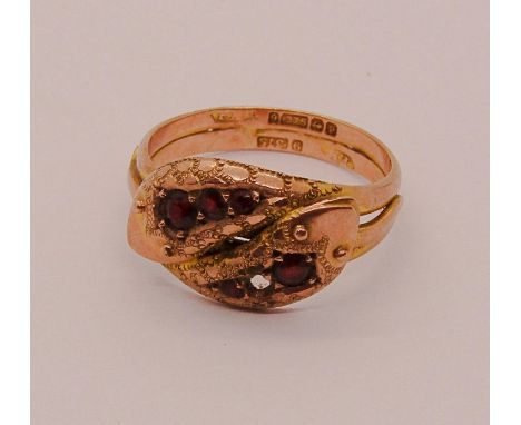 Edwardian 9ct garnet serpent ring, size O/P, 4.1g (one stone vacant) 