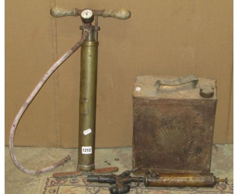 A vintage Shell petrol can with associated Pratts screw cap, together with a further vintage Parkes Puinton strirrup pump wit