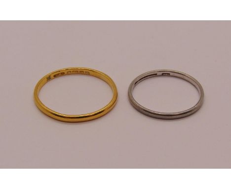 Two wedding rings; a 22ct example, size O/P and a platinum example, size K/L, 3.4g total (2) 