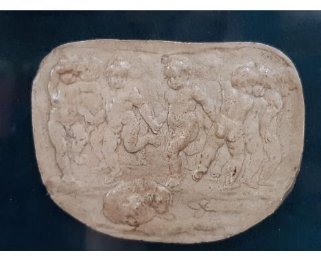 Roman Pottery in display case together with framed plaque of dancing putti and ship in bottle - display case with 'Authentica