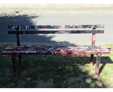 A painted metal park or municipal bench with slatted seat and back rails, 180cm wide x 85cm high 