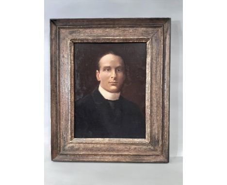 Quarter portrait of a man in a white collar and black jacket (19th/20th Century), oil on canvas on board, unsigned, 31.5 x 38