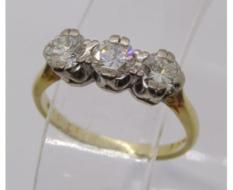 Good quality 18ct three stone diamond ring, each stone 0.45cts approx, maker PHSW ?, London 1978, size N/O, 3.4g 