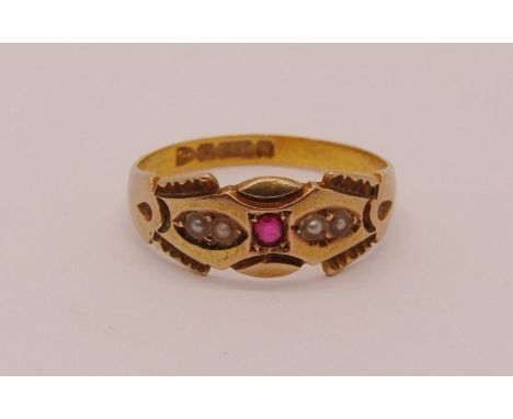 Late Victorian 15ct gypsy ring set with a pink spinel and seed pearls, size O/P, 2.3g 