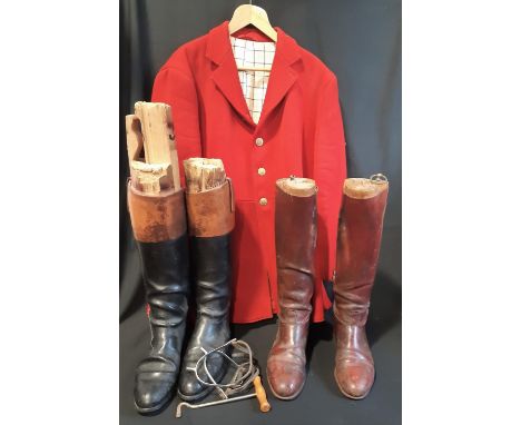Fox hunting wear; red Huntsman/ Master's jacket with brass buttons marked 'LH', together with 2 pairs of full length leather 