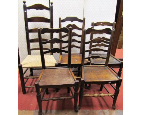 Set of four ashwood ladder back dining chairs with solid seats, together with a further example with rush seat (5) 
