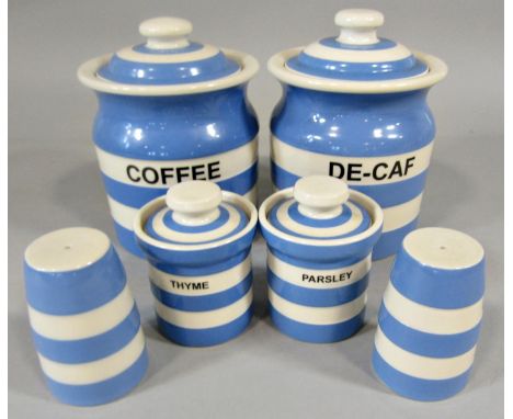 T G Green Cornish ware, two large storage jars, two smaller storage jars, condiments, etc 