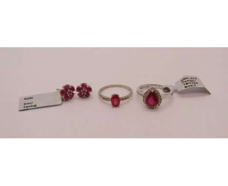 Group of ruby set jewellery comprising two 9ct white gold rings also set with diamonds, both size N/O, 4.5g total and a pair 