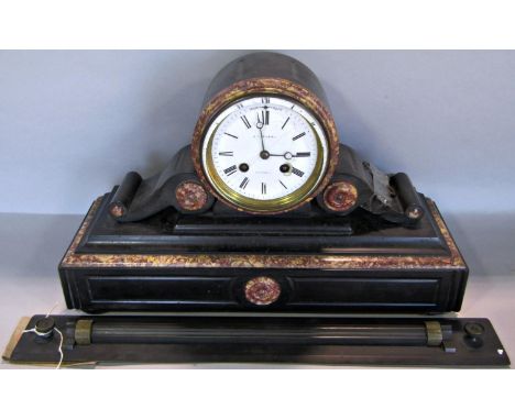 A Victorian black slate and marble mantle clock with eight day striking movement, together with a parallel rule, and a compos
