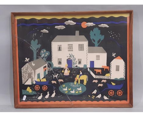 Peggy Wickham (1909-1978), Farm Scene, mid-century lithograph in colours, signed in print lower left, 55 x 43 cm, framed (A/F