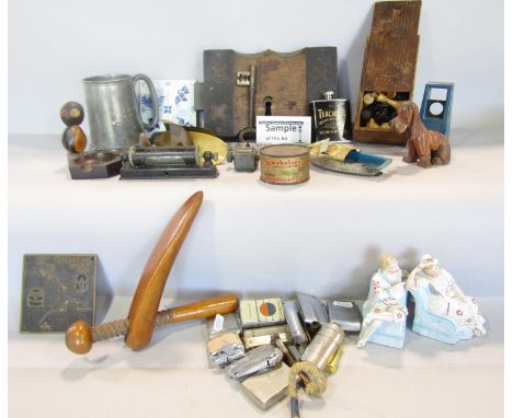 A mixed selection of vintage items, an oak door lock with a key, a Mini - Minor car badge, cigarette lighters, penknives, car