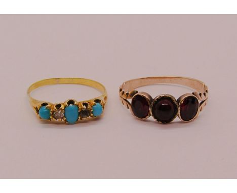 Antique yellow metal turquoise coloured stone and rose-cut diamond ring, size N (one diamond replaced with a white stone), 2g