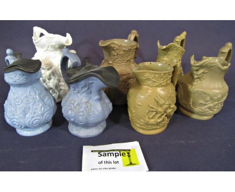 A collection of thirteen 19th century lidded and open relief moulded water jugs to include examples J G &amp; J Mayers, Ridgw