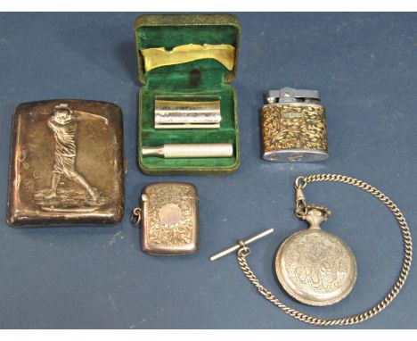 A silver cigarette case with an embossed golfer in mid swing to lid, Birmingham 1900, maker Henry Matthews, a silver vesta ca