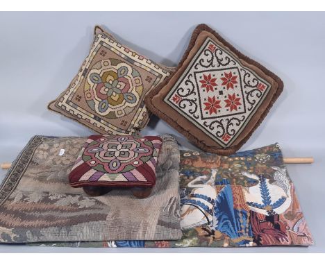 Mixed textile lot including small stool with needlepoint cover, 2 velvet backed needlepoint cushions, a Flemish style machine
