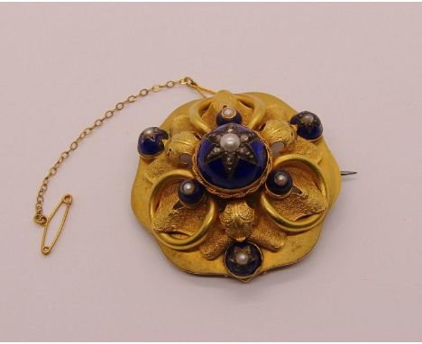 Ornate Victorian yellow metal mourning brooch with cobalt blue enamel set with rose-cut diamonds and pearls, 21.2g 