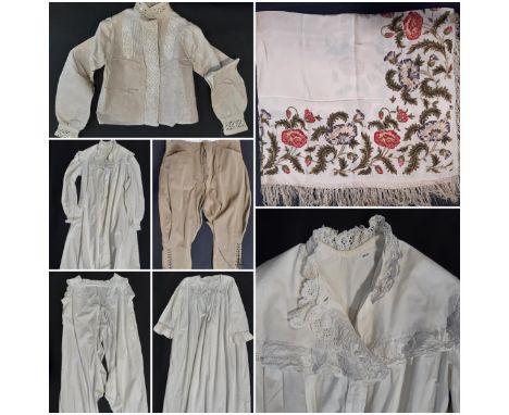 A collection of early to mid 20th century clothing including a high collared starched Edwardian blouse, 2 white cotton nightg