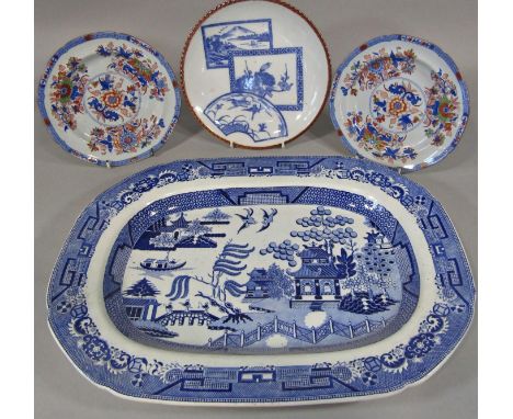 A Canton Views - Opaque China meat platter with shaped borders, 49 x 39cm a large Spode blue and white oval meat platter with