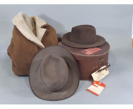 Mens hats by Akubra (Australian) and Joule &amp; Son together with a vintage sheepskin coat and hat box (4) 