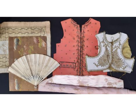 Interesting collection of textiles including an antique waistcoat (front panel only) in coral silk taffeta with black thread 