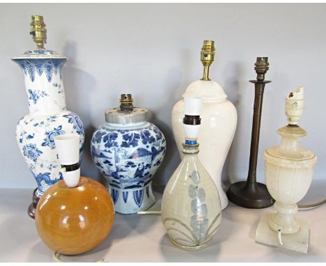 Seven various table lamps, including a converted Chinese blue and white ginger jar base, a slender brass candlestick lamp, an