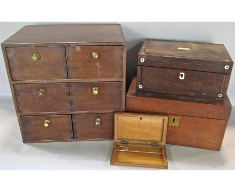 19th century wooden boxes including, a tea caddy, a writing slope and two sewing boxes, together with a utilitarian four draw