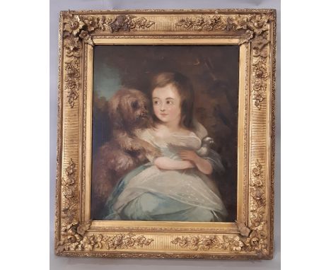 Three-quarter Portrait of a Girl with Dog (English School, 19th Century) -  unsigned, oil on canvas, 60cm x 50cm, with ornate