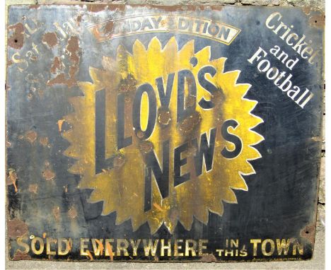 A vintage rectangular enamel sign advertising Lloyd's News (af) 92 cm wide x 76 cm high 